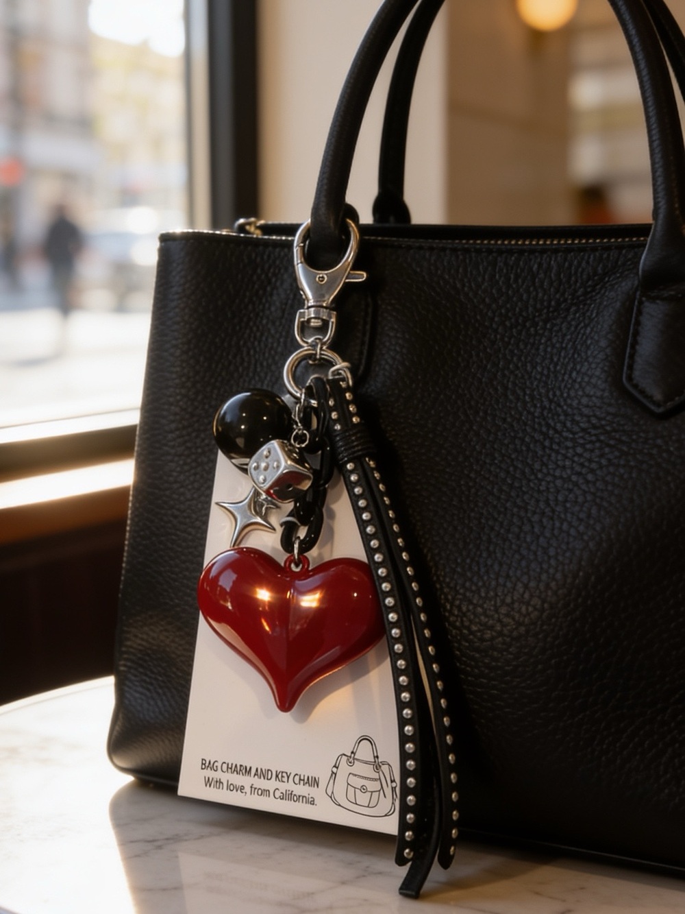 New Red Puff Heart & Studded Black Strap, Dice, Eightball & Star Bag Charm
